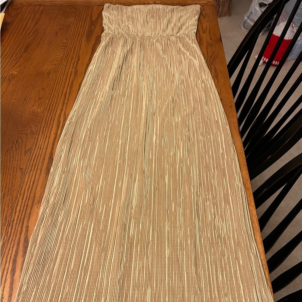 Strapless Outback Gold Metallic Pleated Maxi Dress in Gold